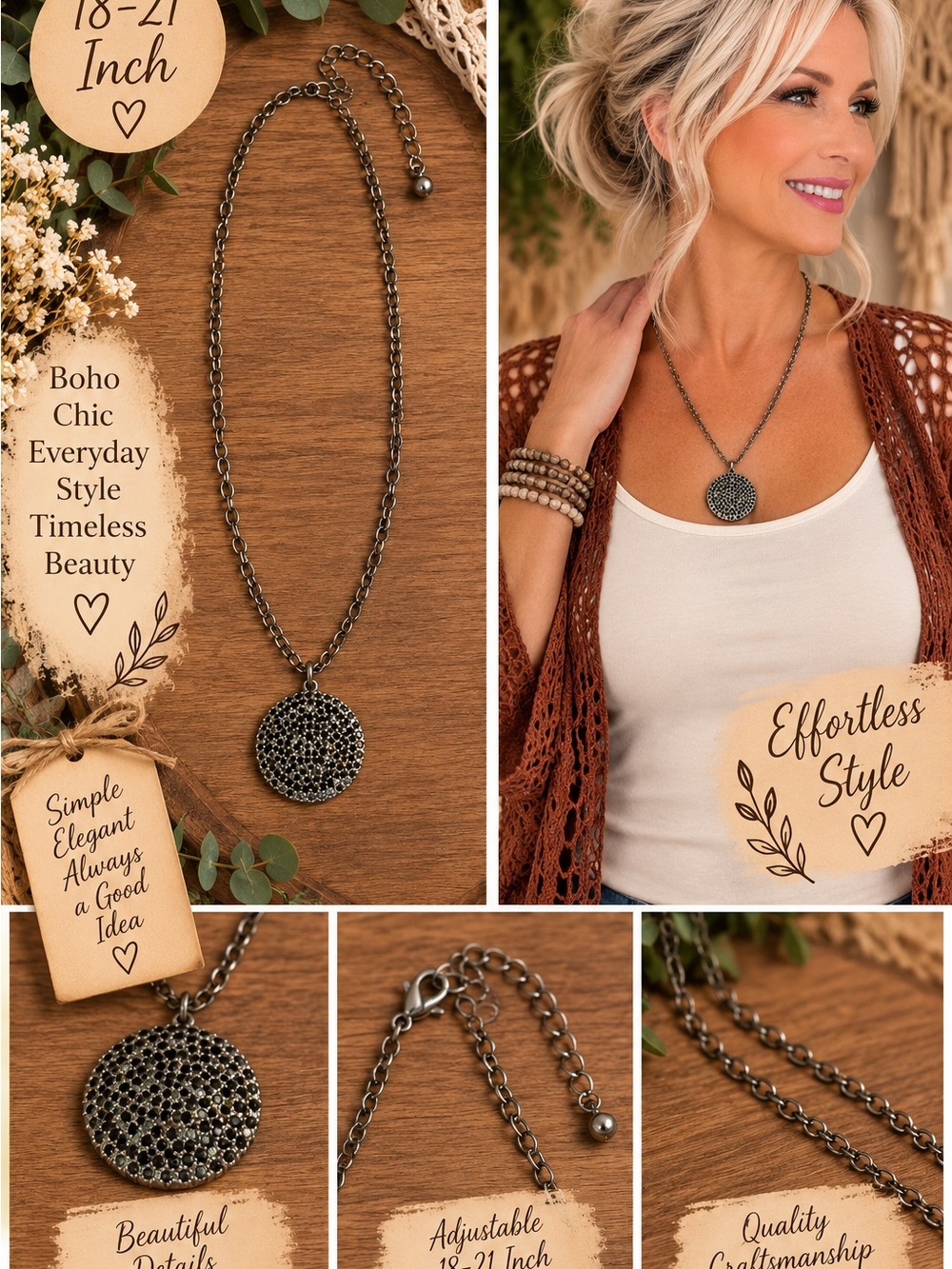721 Boho Pavé Round Pendant Necklace - Black